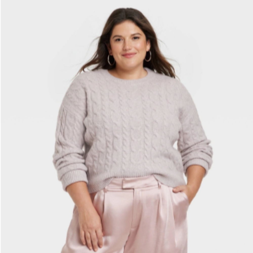 NEW! Women's Cashmere-Like Cable Crewneck Pullover Sweater, Light Mauve